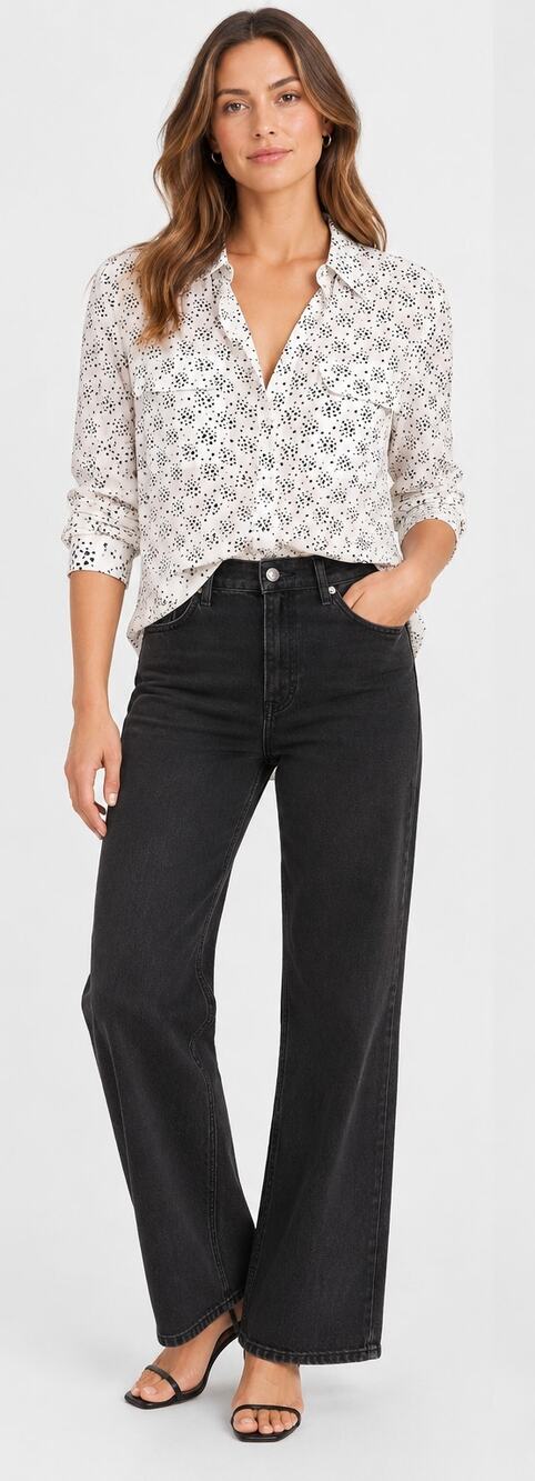 Equipment Slim Signature Silk Shirt White Black Star Print Small